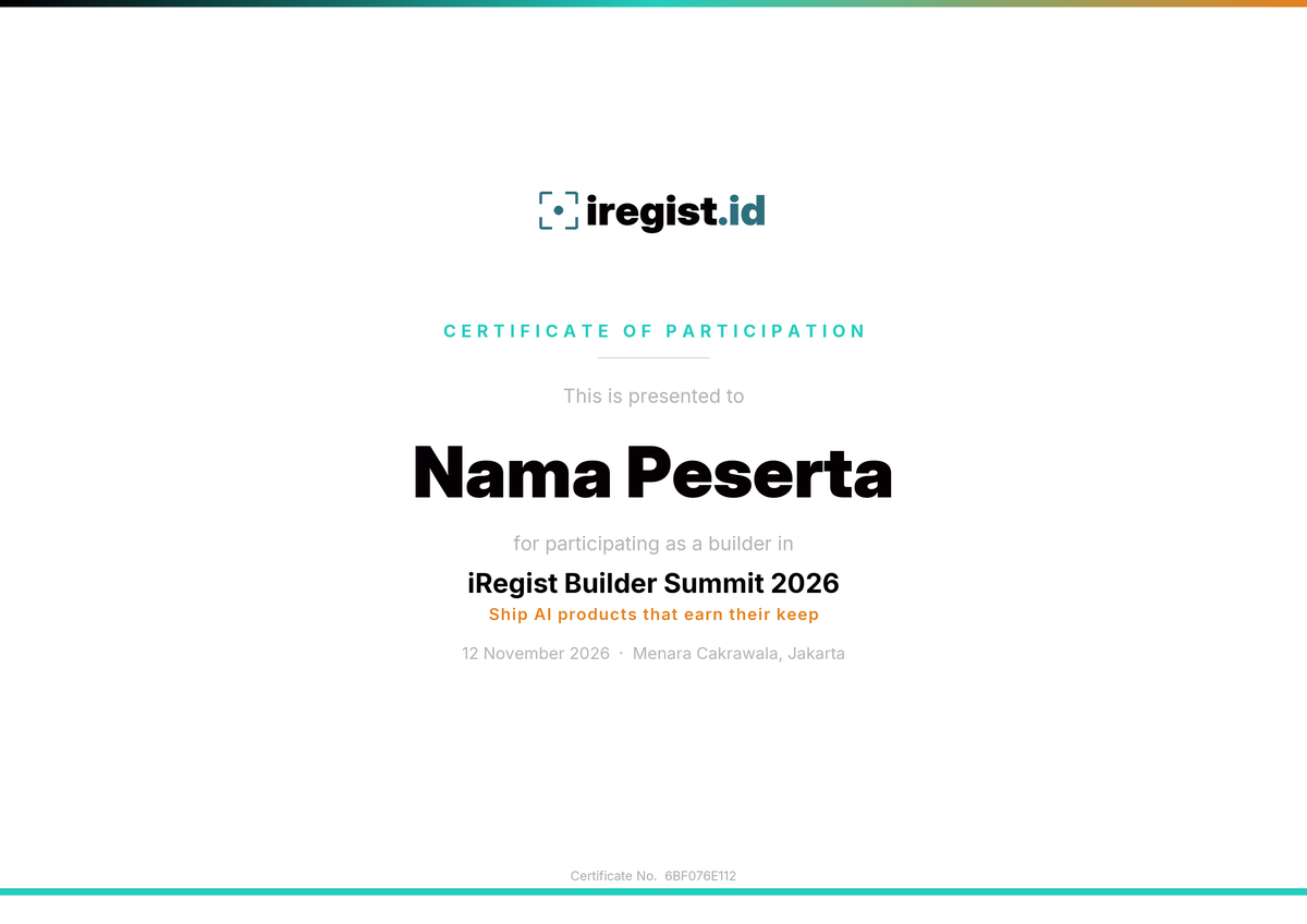 iRegist Builder Summit 2026 certificate specimen